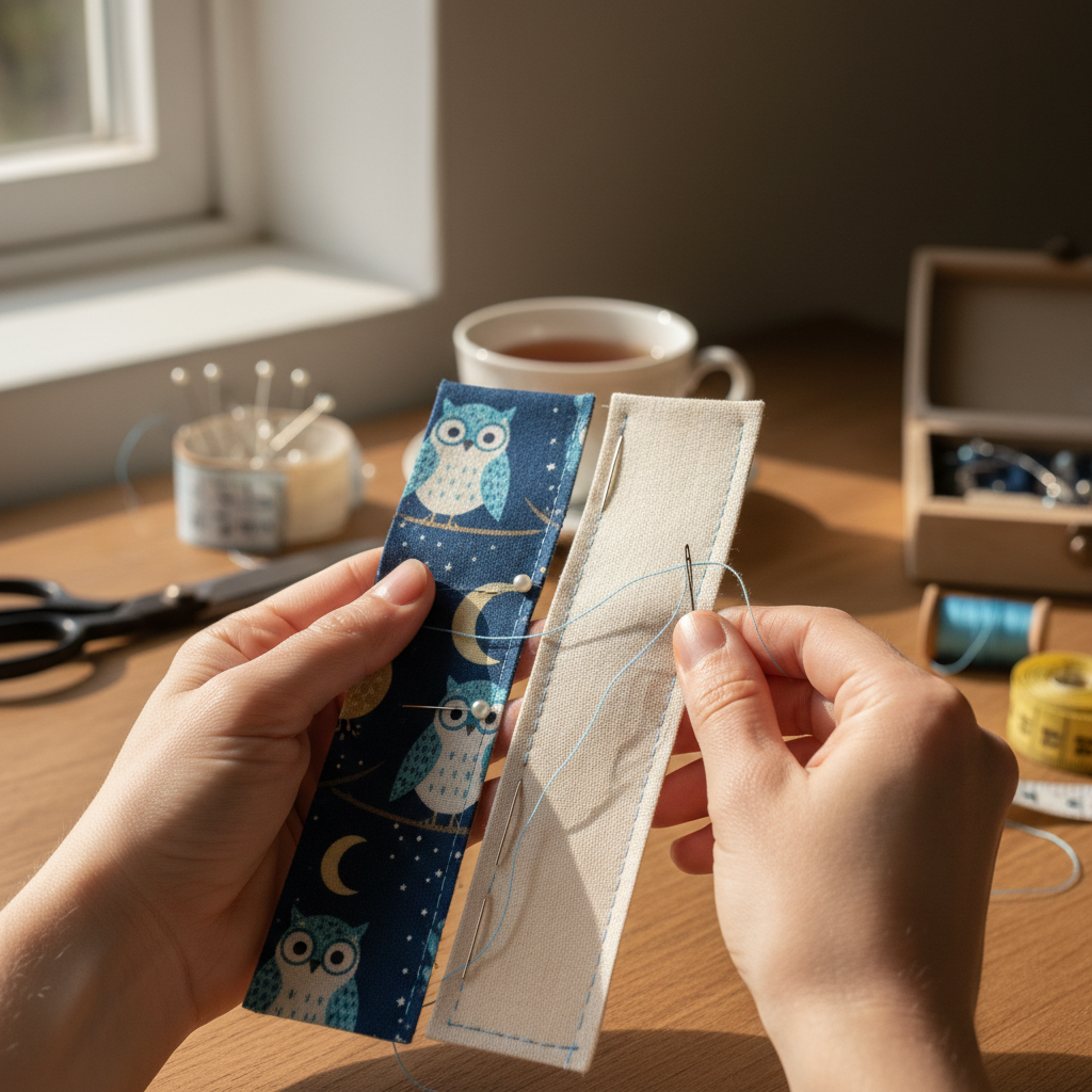 Hands sewing fabric bookmark pieces together with pins holding fabric in place