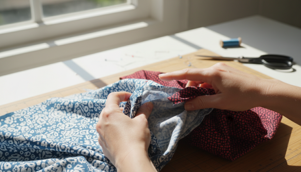 Hands turning fabric right side out through opening