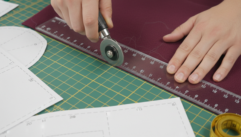 Hands using rotary cutter to cut fleece fabric on cutting mat