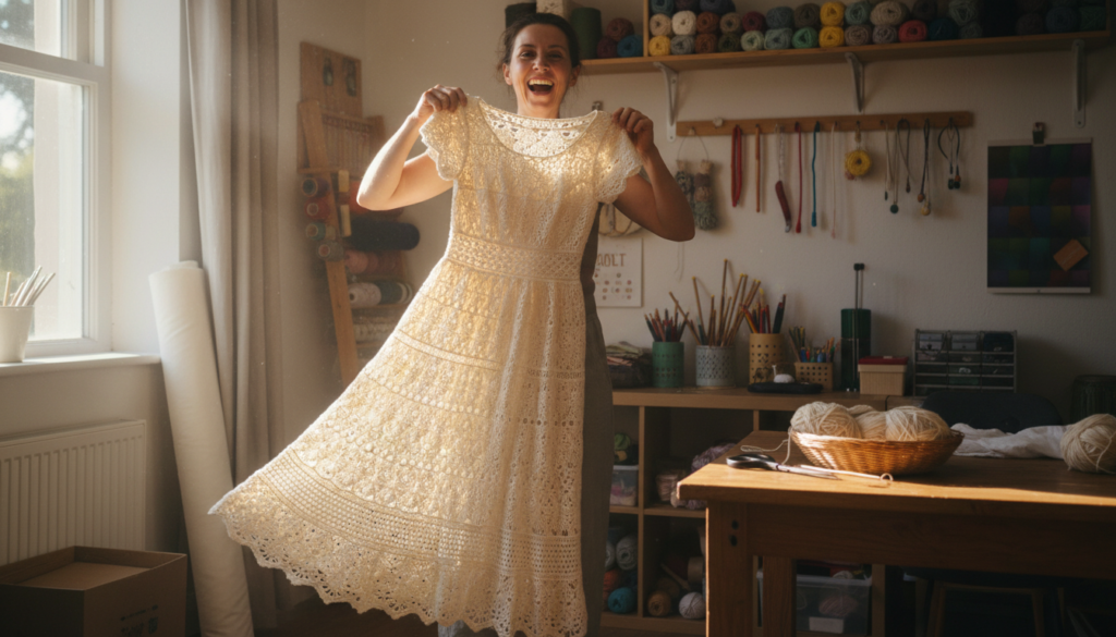 Happy crocheter holding up completed dress with proud expression