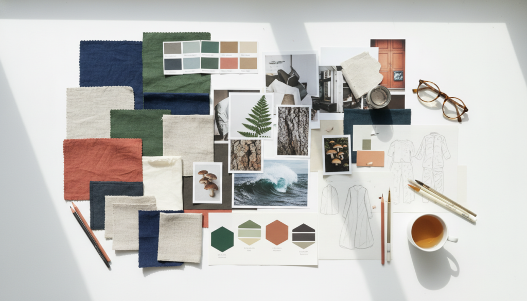 Inspiration mood board with fabric swatches, paint samples, and design sketches