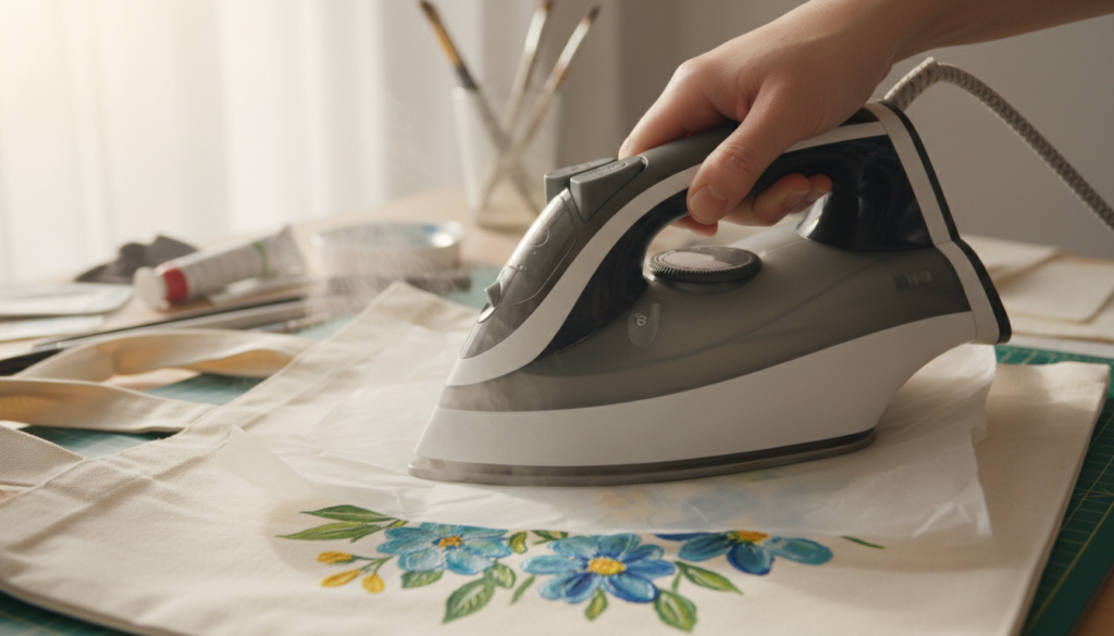 Iron pressing over parchment paper on a painted canvas bag for heat setting