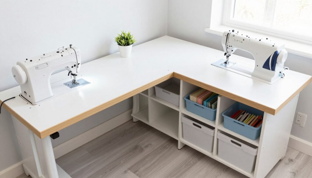 L-shaped sewing desk configuration with multiple work zones