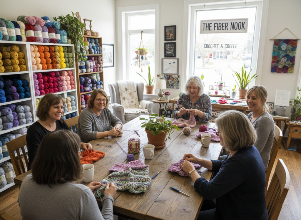 Local yarn shop hosting crochet workshop with participants learning together