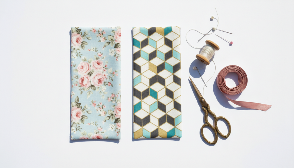 Materials for making a fabric bookmark laid out including colorful fabric pieces and sewing supplies