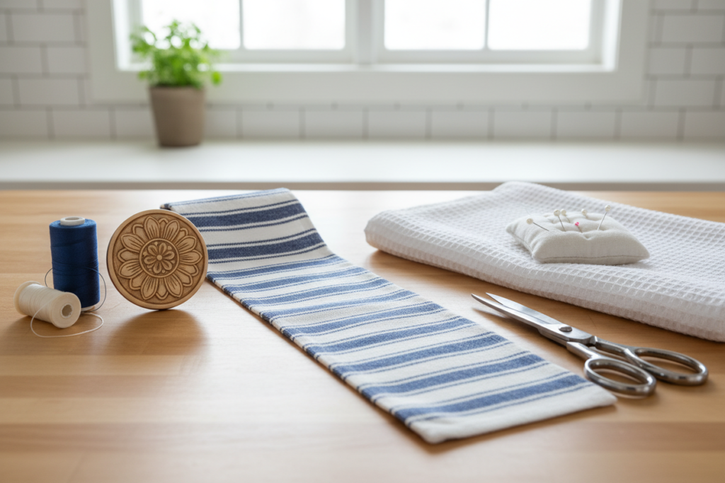 Materials for making hanging towel holder including fabric strip and button