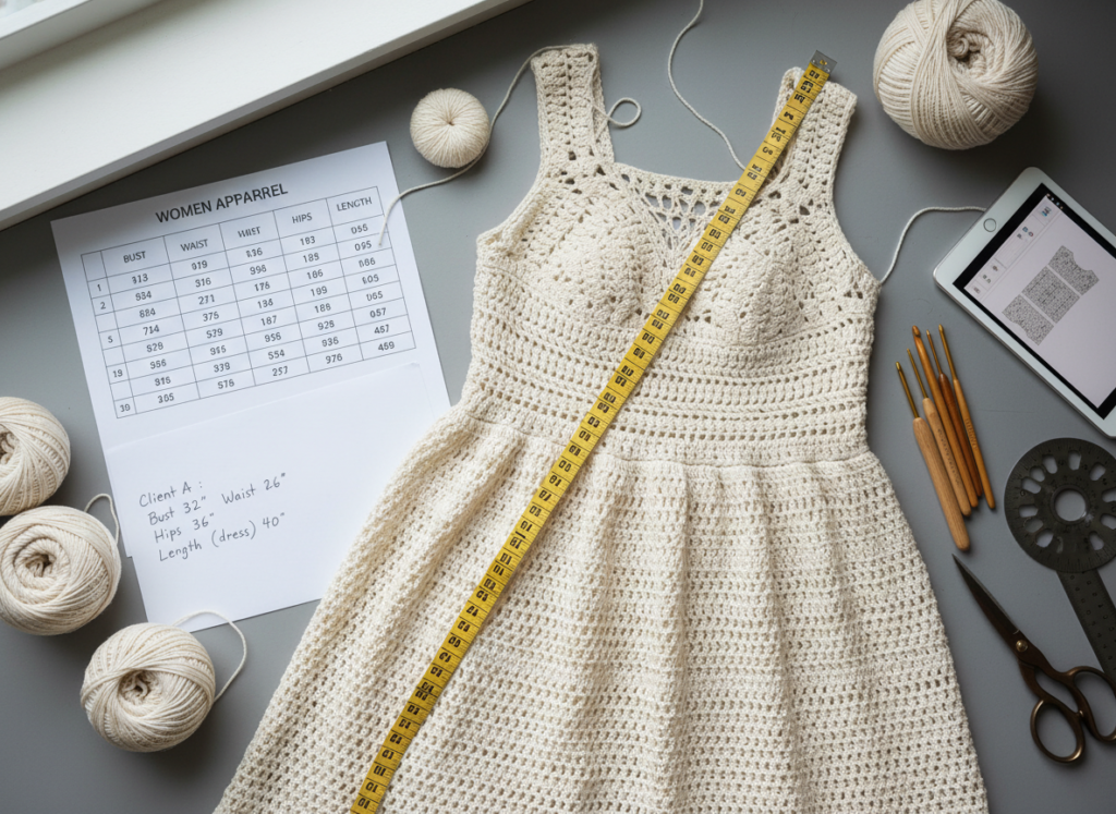 Measuring tape and sizing chart with crochet dress work in progress