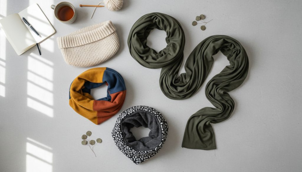 Multiple neck cowl variations in different styles and fabrics