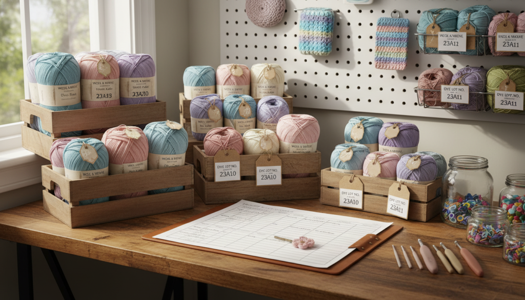 Multiple skeins of yarn organized by color with project planning notes