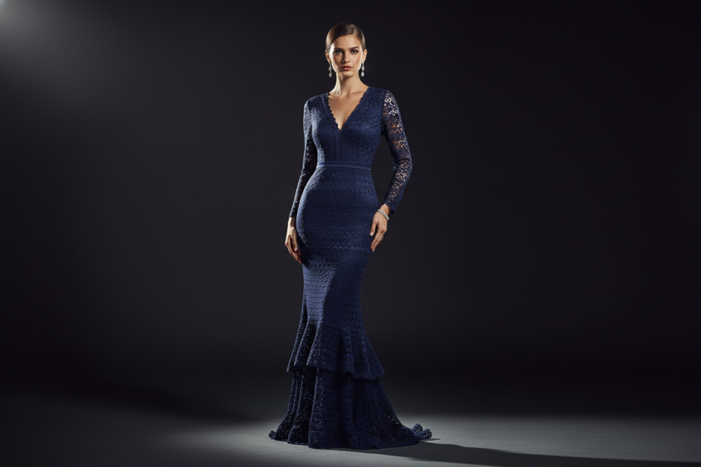 Navy blue fitted maxi crochet evening dress