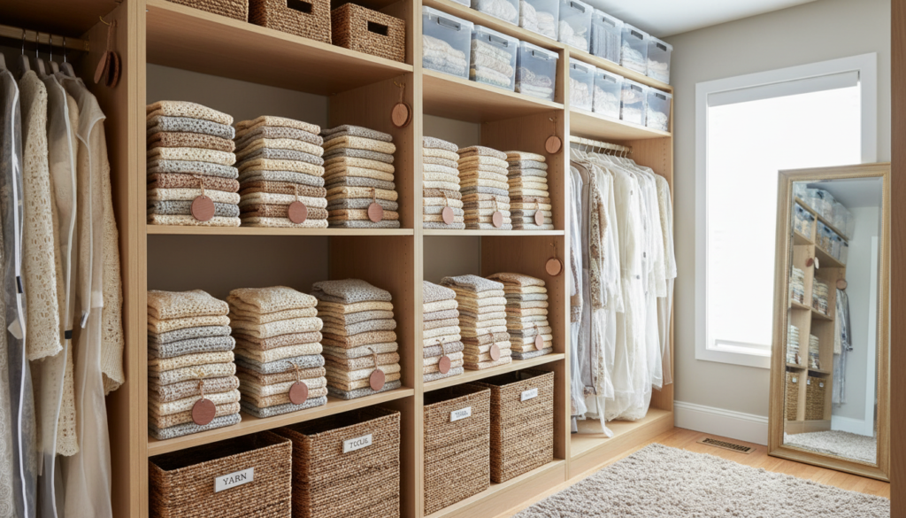 Neatly folded crochet dresses stored in organized closet with cedar sachets