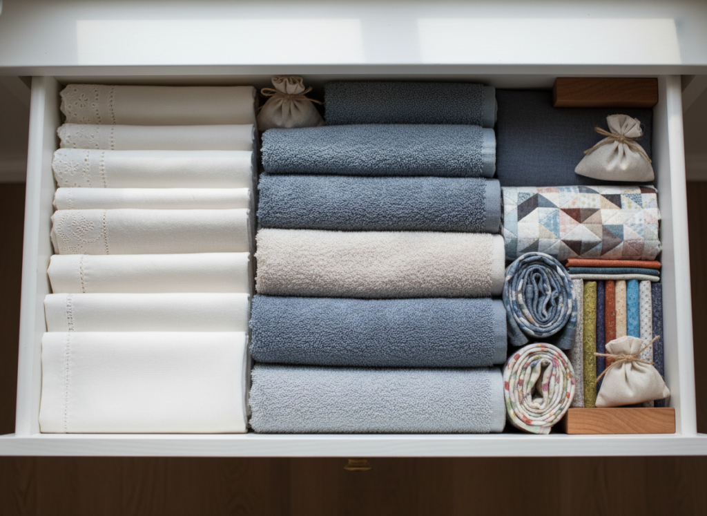 Neatly organized hand-sewn items stored in drawer with lavender sachets