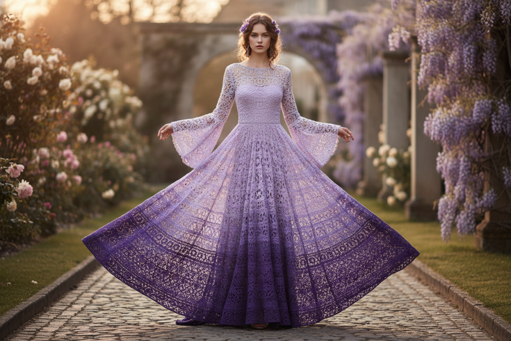 Ombre gradient crochet dress transitioning from light to dark purple