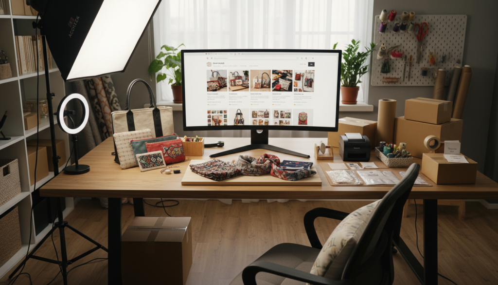 Online marketplace setup with handmade fabric items ready for sale