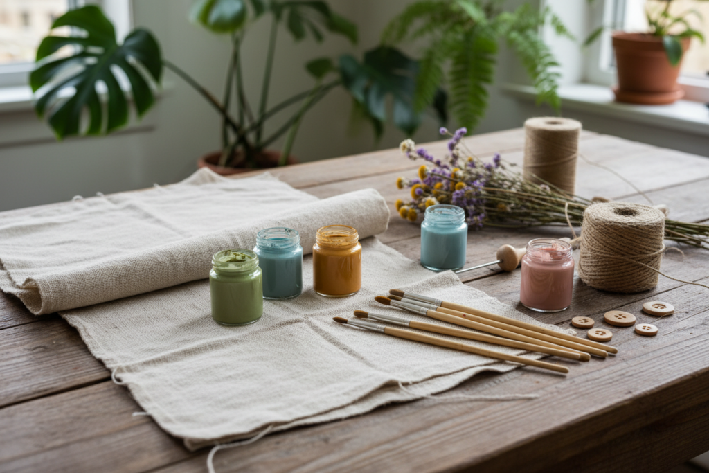 Organic cotton canvas fabric with eco-friendly paint supplies on wooden table