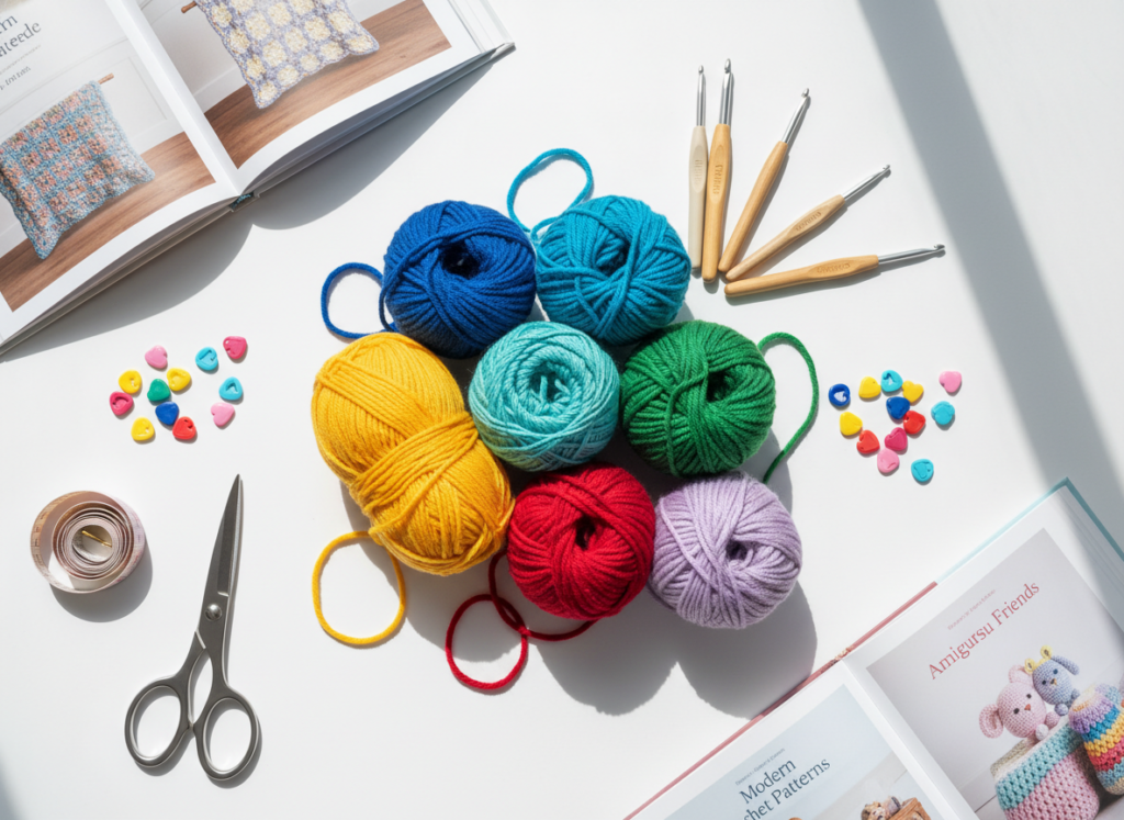 Organized collection of crochet supplies including yarn skeins, hooks, stitch markers, and pattern books