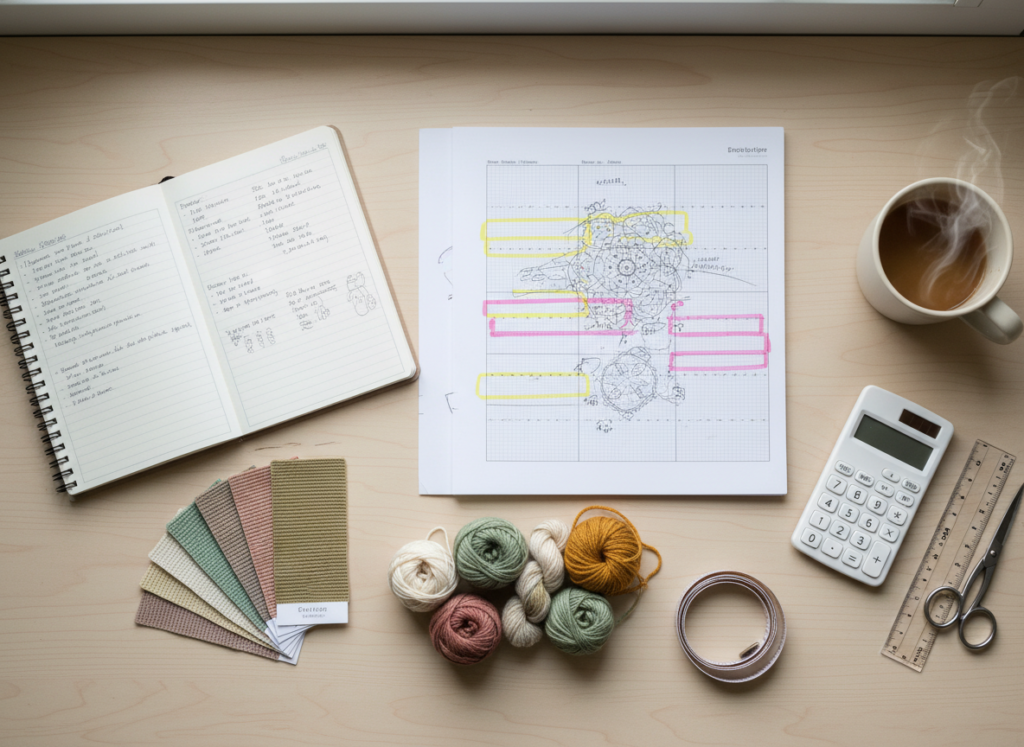 Organized project planning workspace with pattern, yarn swatches, and notes