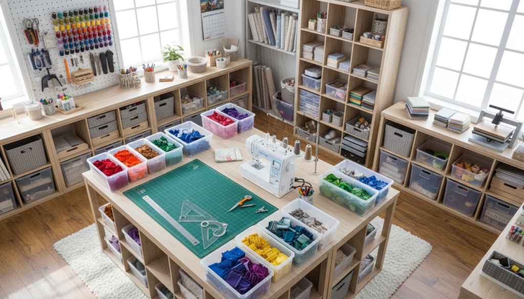 Organized sewing workspace with fabric scraps sorted by color