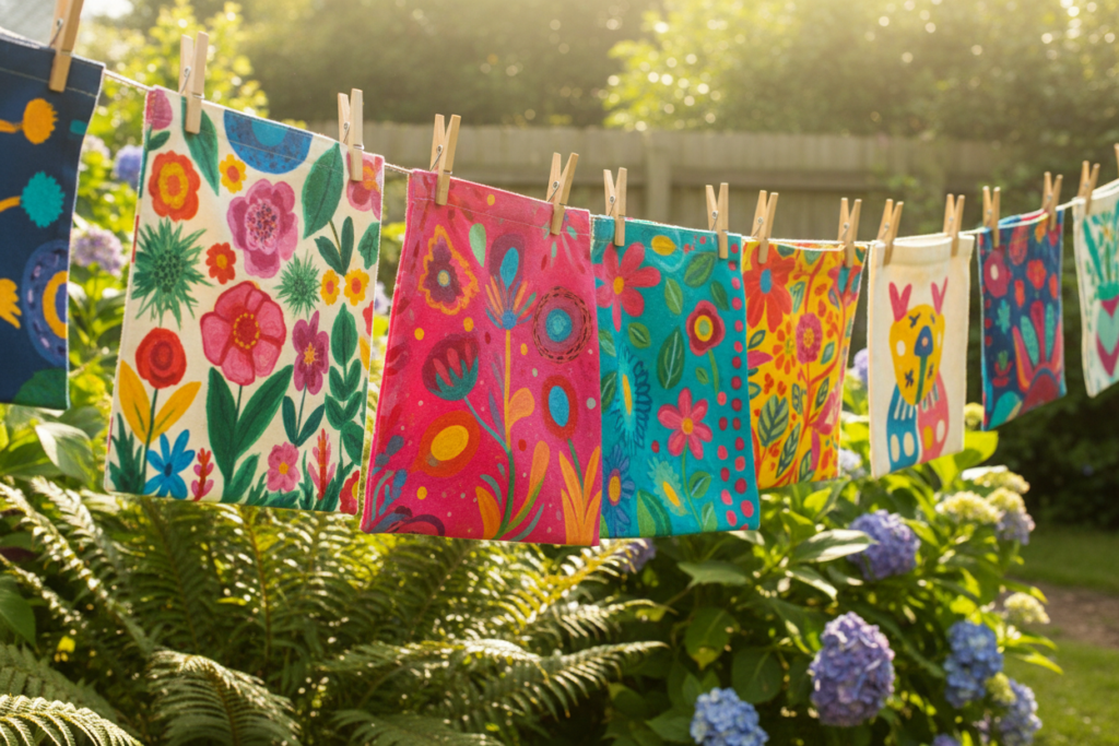 Painted tote bags hanging to air dry on a clothesline outdoors