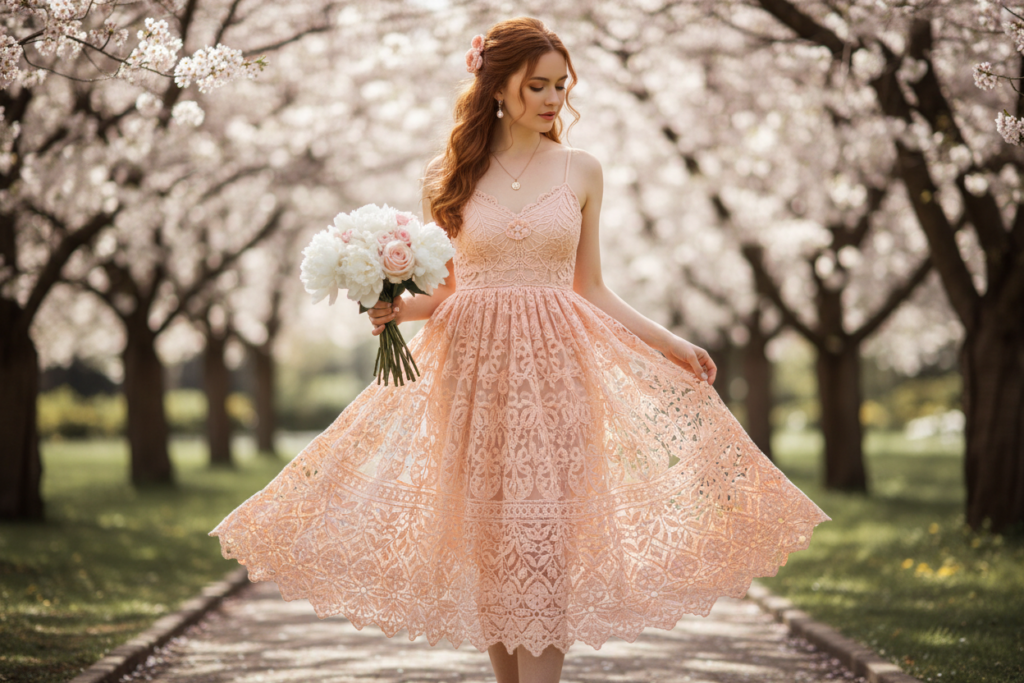 Peach colored sundress with lace crochet pattern