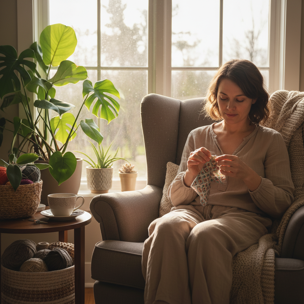 Person hand sewing peacefully in comfortable home setting