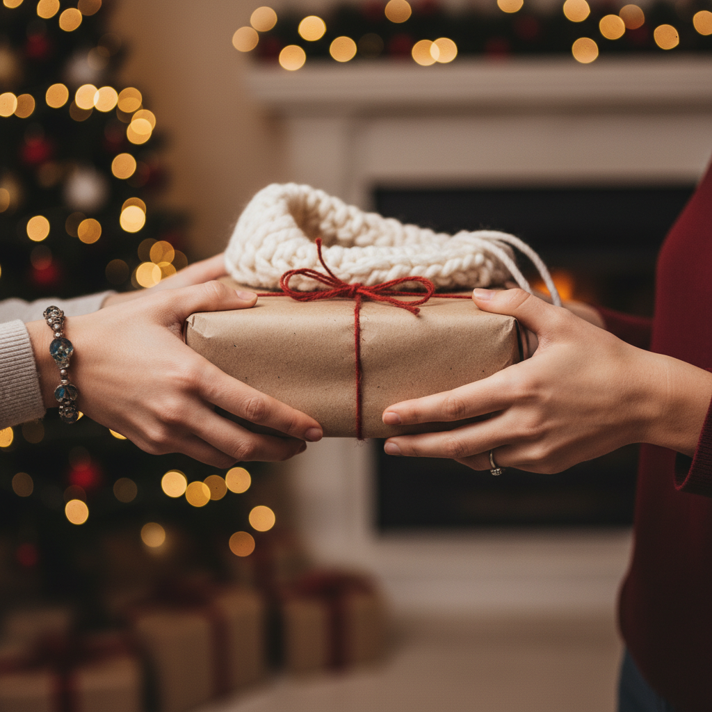 Person receiving wrapped handmade neck cowl gift