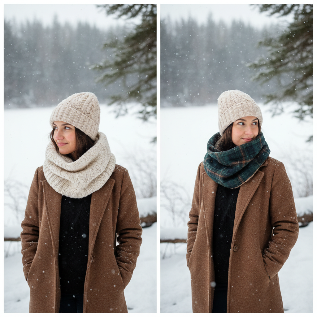 Reversible neck cowl showing both fabric sides