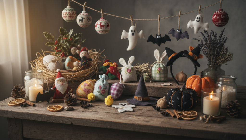 Seasonal fabric crafts including holiday ornaments and decorations