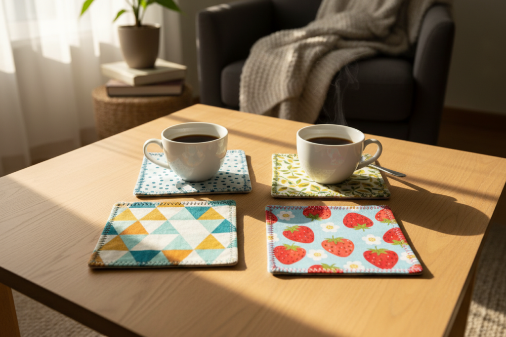Set of finished reversible fabric coasters in coordinating patterns