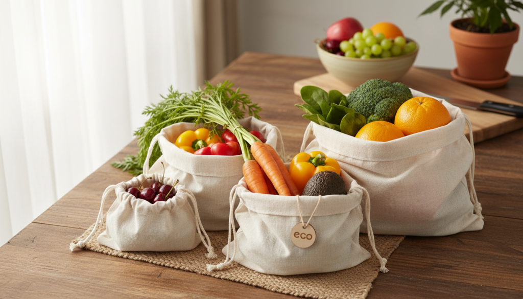Set of reusable fabric produce bags in different sizes