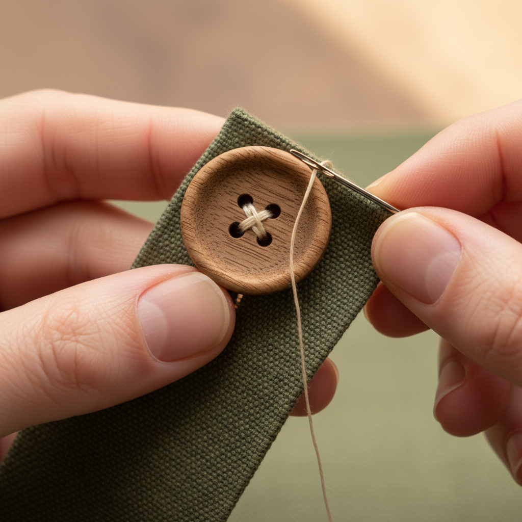 Sewing button onto fabric strip for towel holder