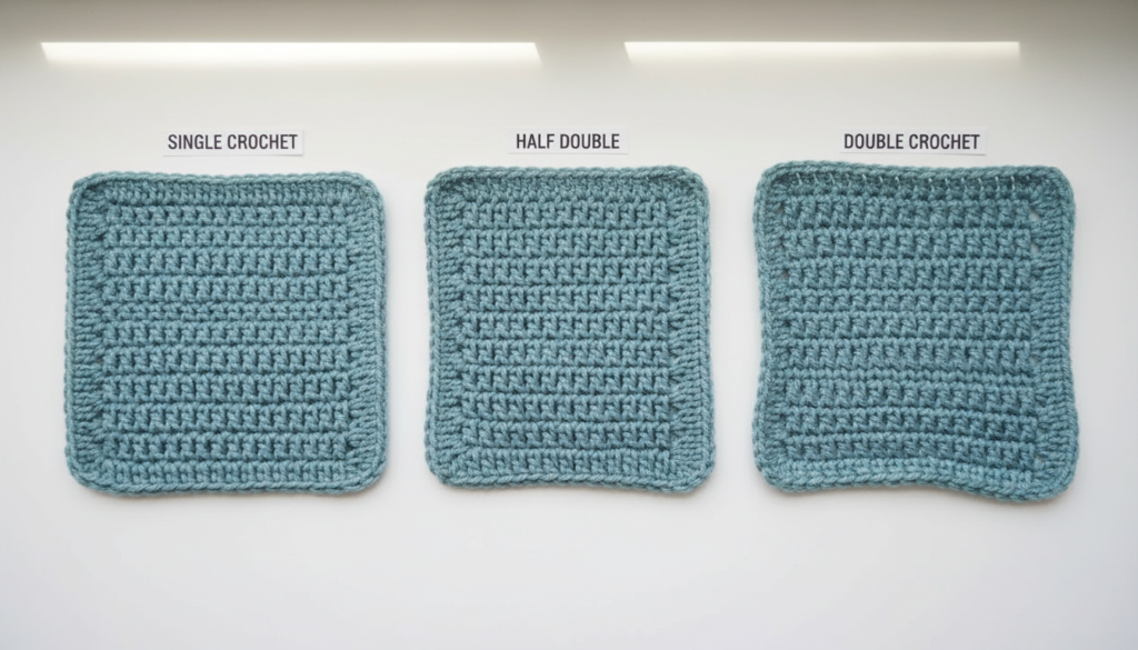 Side-by-side comparison of fabric created with different crochet stitches