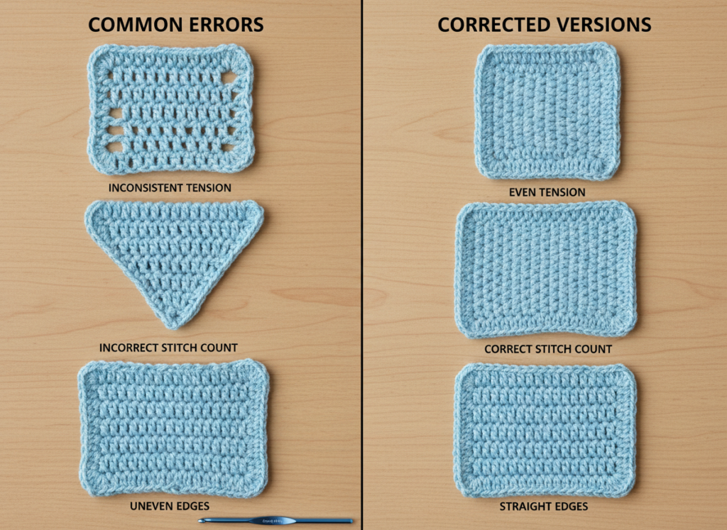 Side-by-side comparison showing common crochet mistakes and corrections