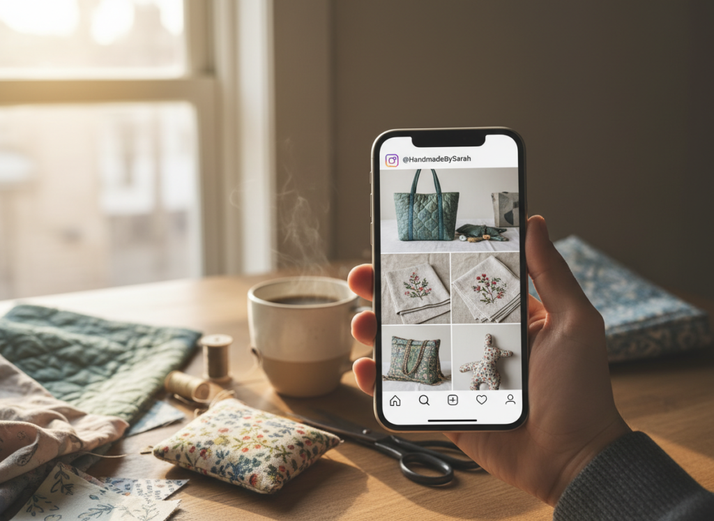 Social media marketing for handmade fabric products on phone screen
