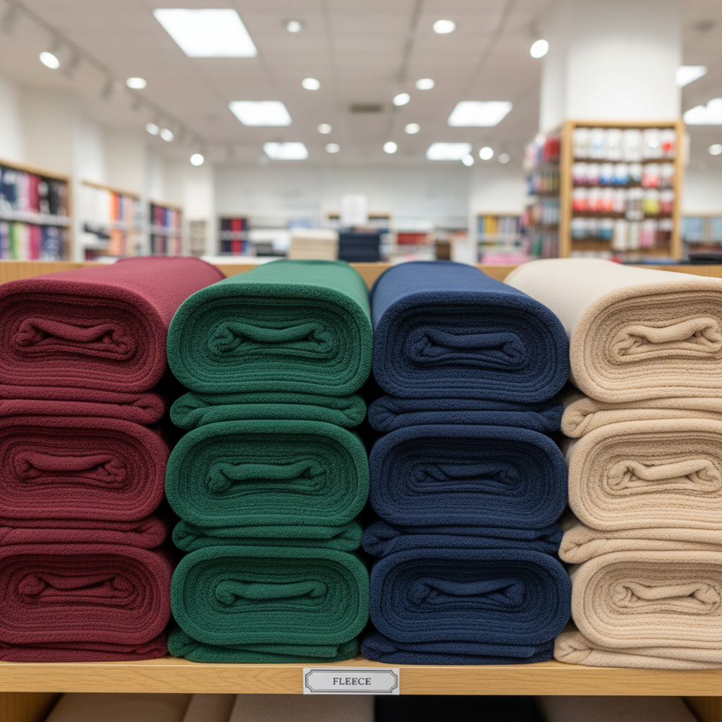 Stack of folded fleece fabrics in various winter colors