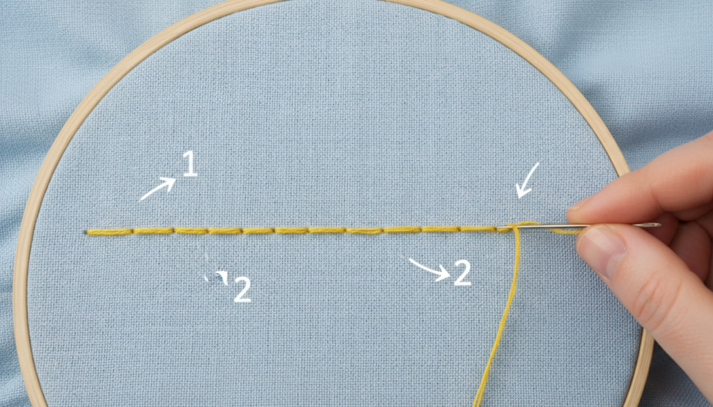 Step-by-step backstitch technique demonstration showing thread path and stitch formation
