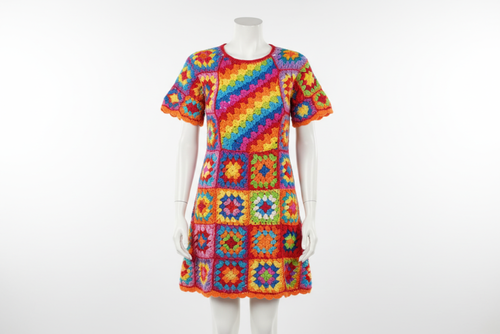 Striped colorful crochet mini dress with granny square pattern