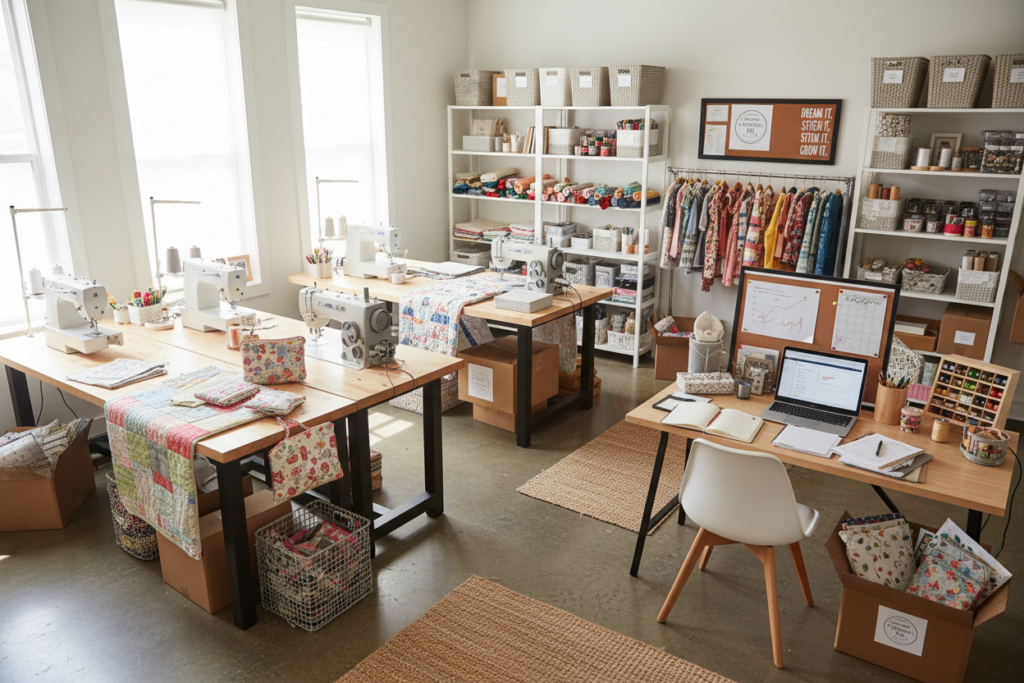 Successful craft business workspace with multiple projects in production