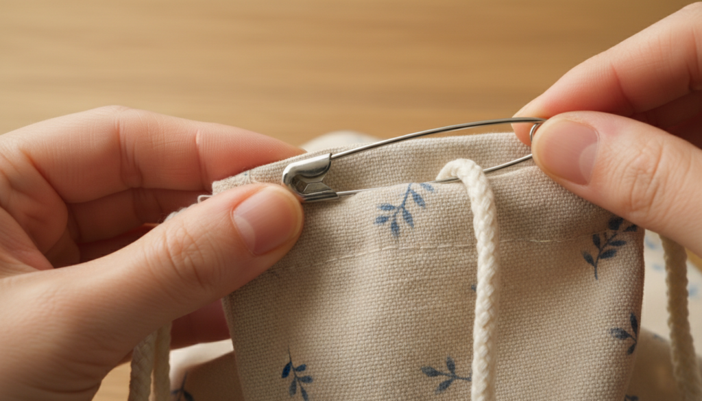 Threading drawstring cord through bag casing using safety pin