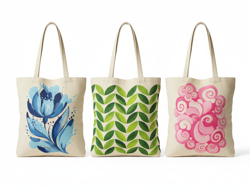 Three tote bags showing monochromatic color schemes in blue, green, and pink tones