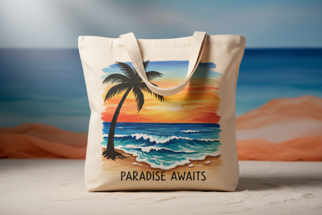 Tote bag featuring painted beach scene with palm tree and waves