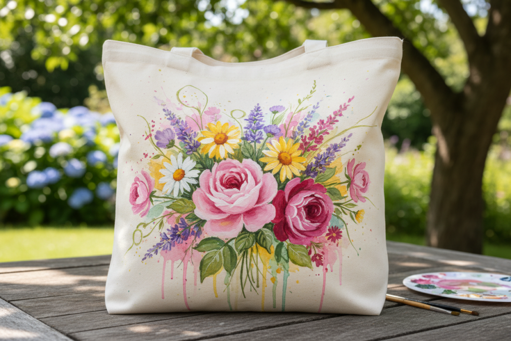 Tote bag with colorful floral bouquet painting in watercolor style