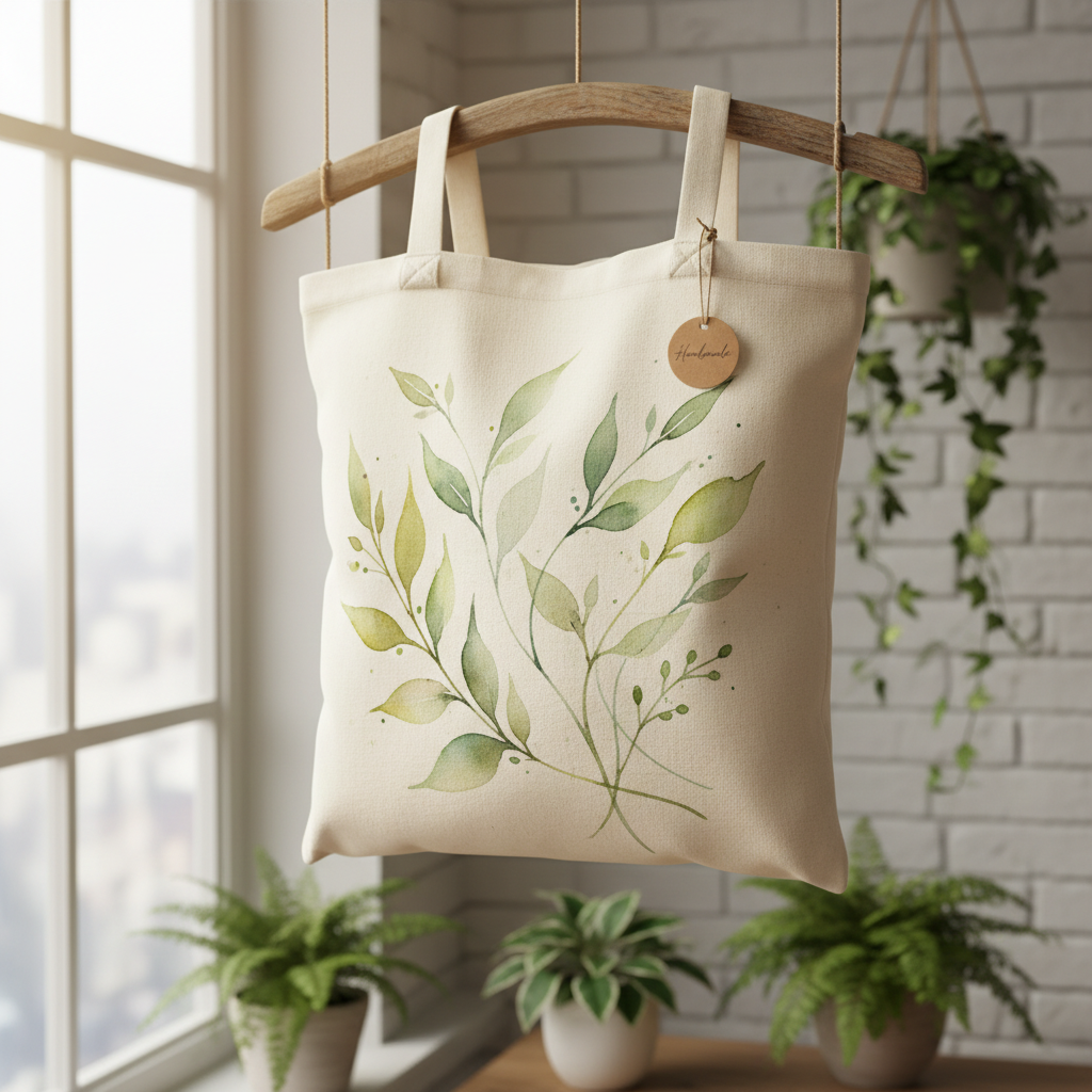 Tote bag with hand-painted botanical leaf designs in green watercolor style