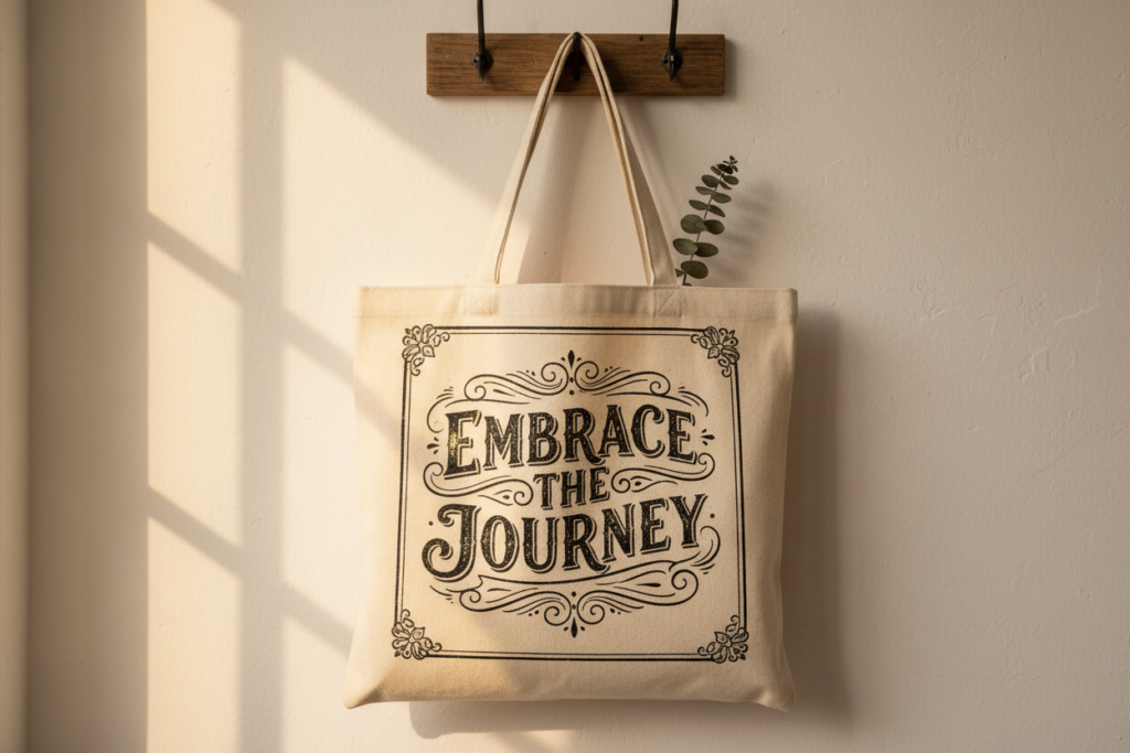 Tote bag with vintage-inspired typographic quote design