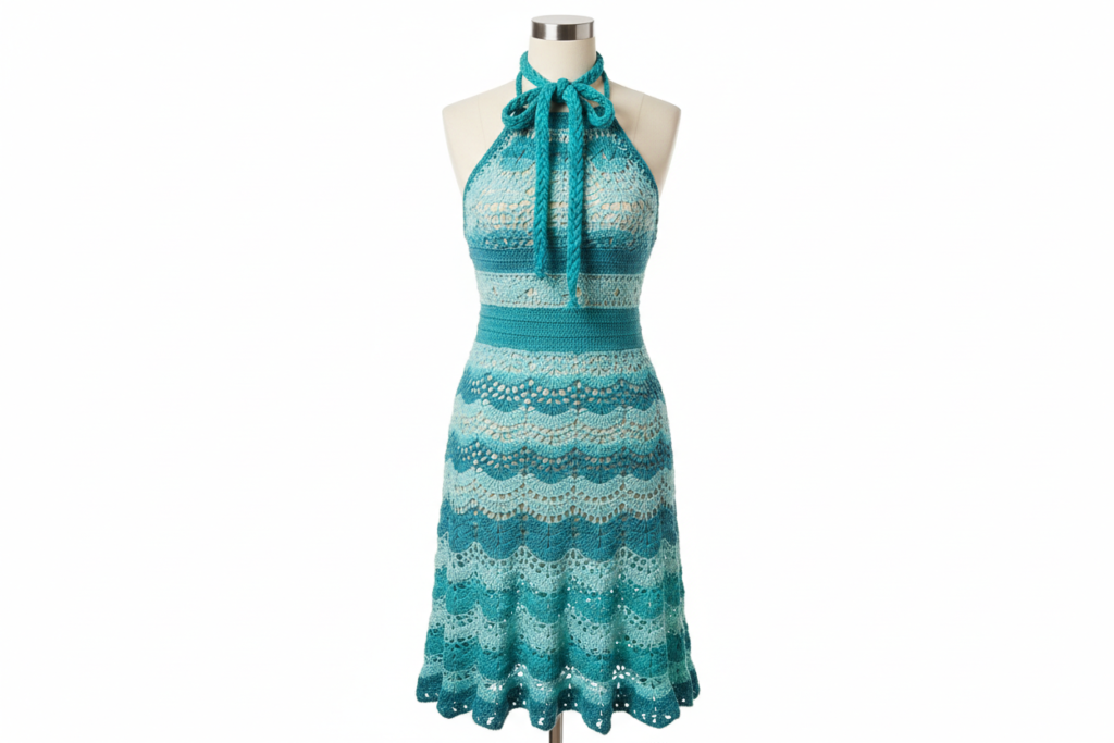 Turquoise halter neck crochet summer dress