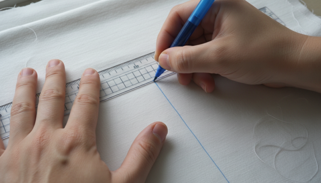 Using marking pen and ruler to create straight sewing guidelines on fabric