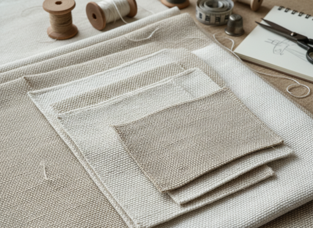 Various types of canvas fabric in natural tones laid out with fabric swatches