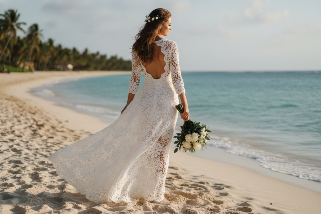 White crochet maxi dress with floral motifs and open back