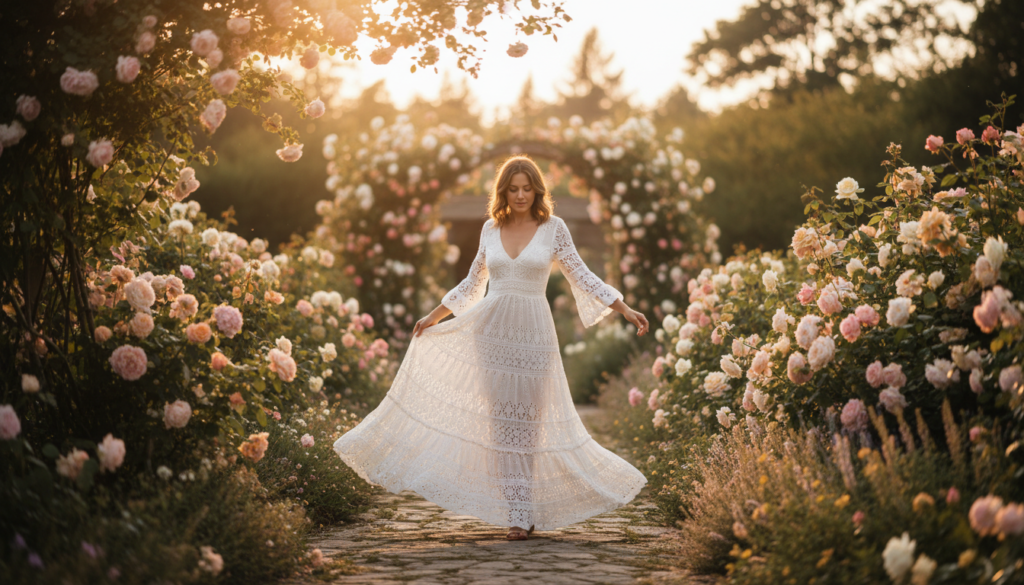 Woman wearing flowing white summer crochet dress in garden setting