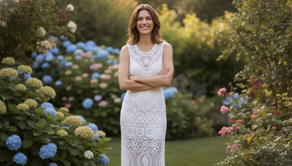 Woman wearing handmade white crochet summer dress standing outdoors in natural lighting